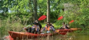 Irklai smagiai sminga į kakavos spalvos vandenį.